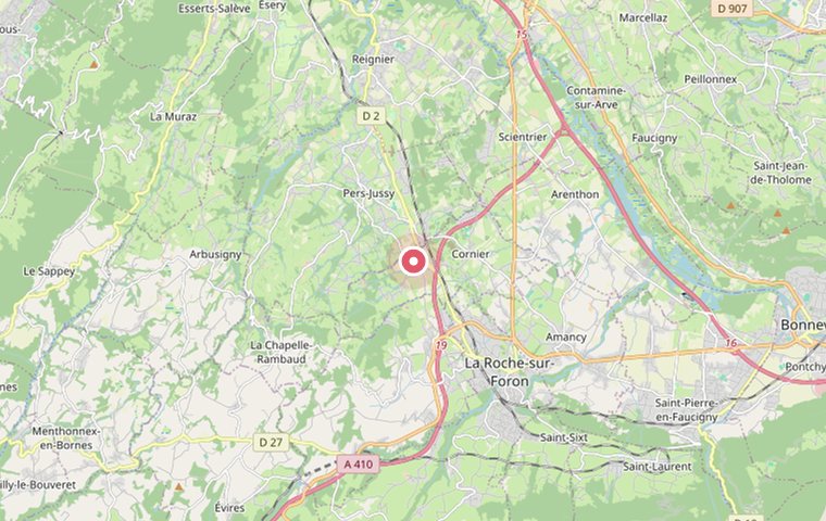 Carte des environs de Cornier, en Haute-Savoie. Le cabinet se situe entre Cornier et Arbusigny, à quelques kilomètres de La Roche-sur-Foron.